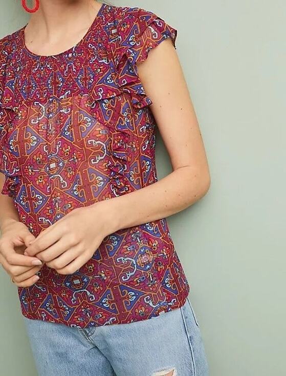 Anthropologie Tops - Anthropologie Meadow Rue Red Print Majolica Flutter Sleeve Smocked Boho Top 6